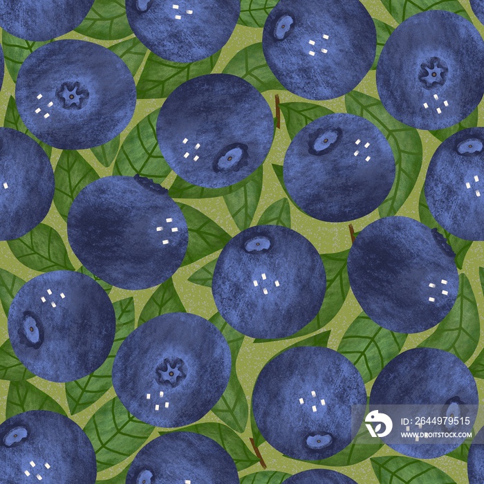 Blueberry seamless pattern. Hand drawn textured blackberry and leaves on green background. Blue berry allover print