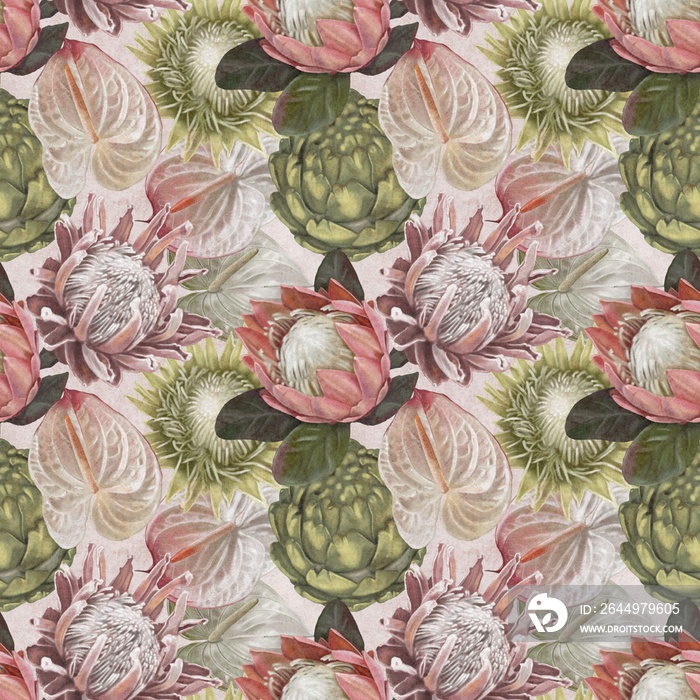 Protea seamless pattern. watercolor realist flowers of protea and anthurium. Illustration wallpaper. fabric print