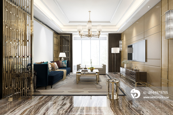 3d rendering luxury classic living room with marble tile and bookshelf