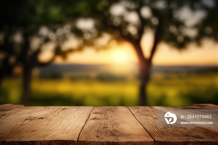 Wooden table with blurred farm background on harvesting season. Flawless .