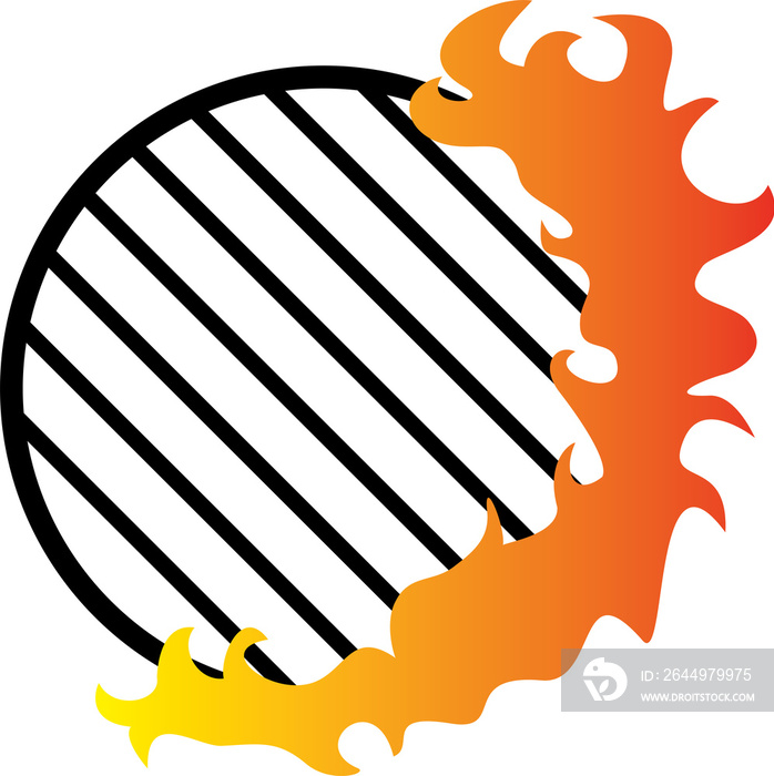 illustration of a grill with flames isolated on white. BBQ grill icon with flames logo, summer cookout symbol