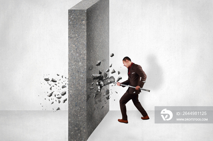 Businessman Break Wall of Obstacle. Business Challenge Conquering Adversity Concept