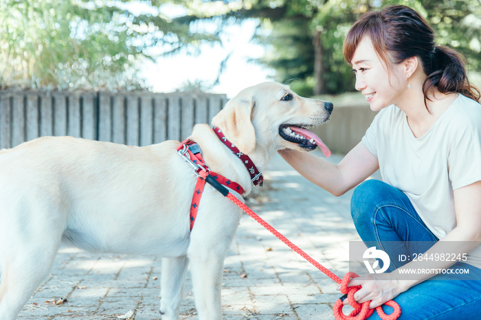 犬の散歩をする女性