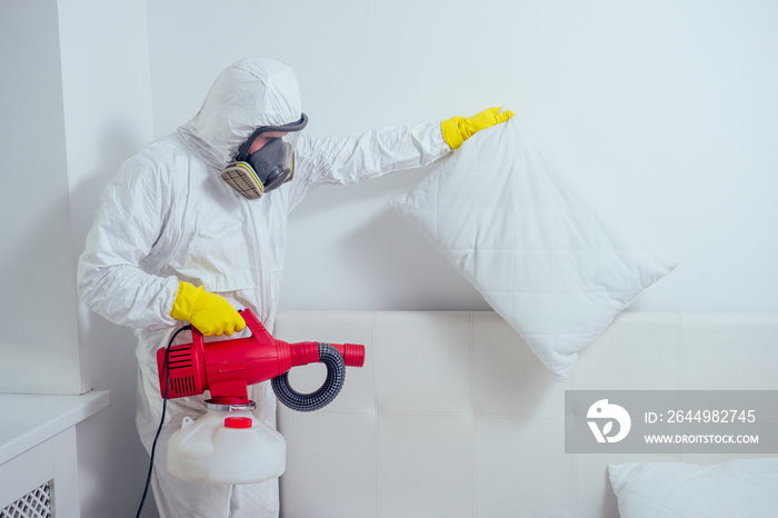 pest control worker lying on floor and spraying pesticides in bedroom