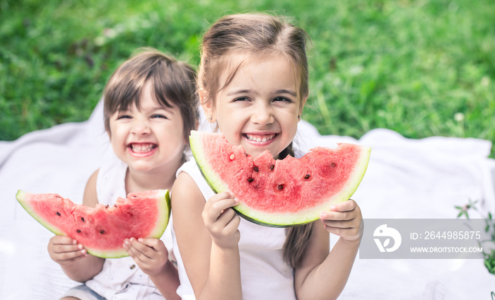 two little cute girls eating watermelon outdoors