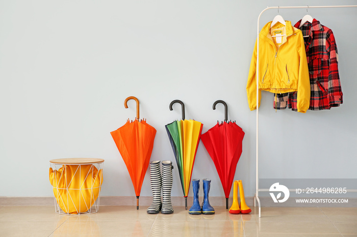 Stylish umbrellas with gumboots in hall