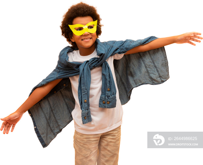 Portrait of a young, mixed race boy dressed as a superhero. Black baby in super hero costume. The winner and success concept. PNG