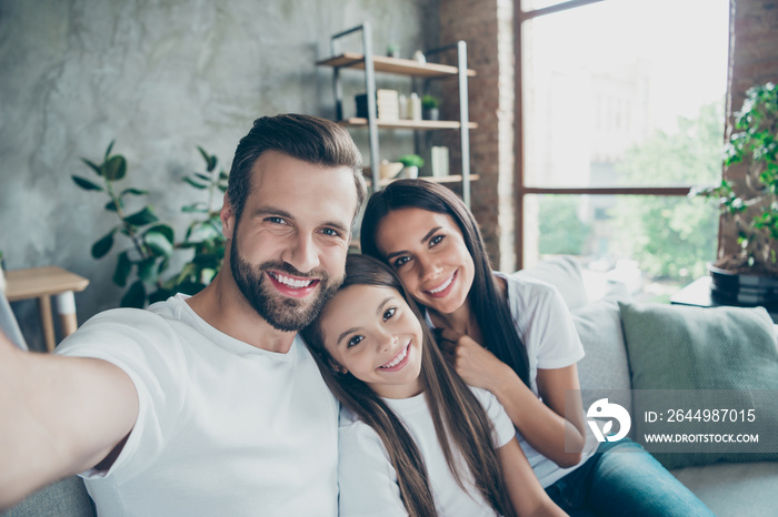 Self-portrait of nice attractive lovely sweet gentle adorable winsome charming cheerful cheery idyllic adopted foster family mommy daddy enjoying life indoors