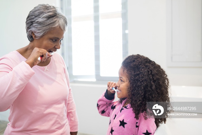 Grandmother and granddaughter brushing teeth in the bathroom