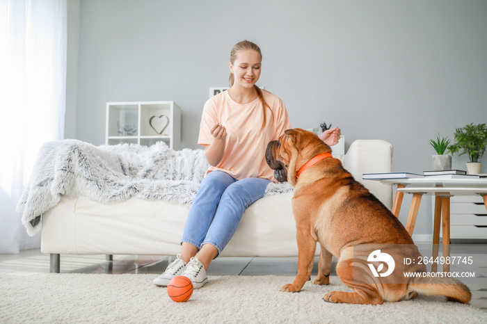 Happy woman training cute dog at home