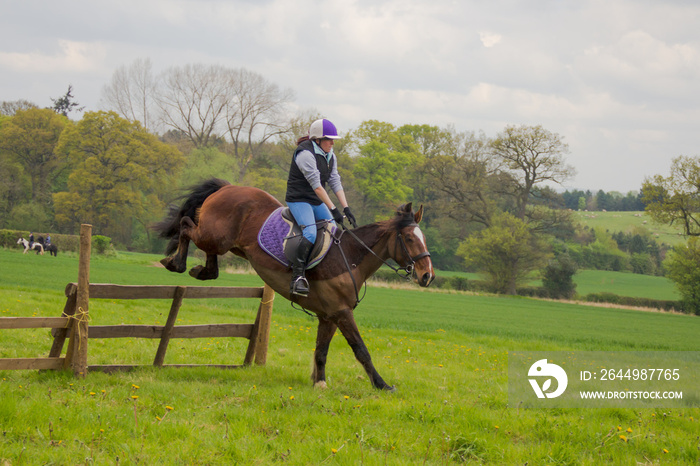 Young woman and her horse enjoy jumping in the english countryside on a summers day.