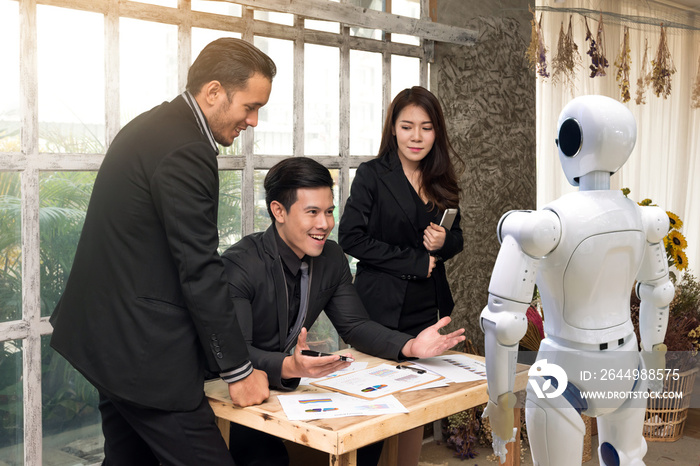 Business people team , manager and personal assistant automation robot video camera conference technology discussing together in conference room during meeting at office.