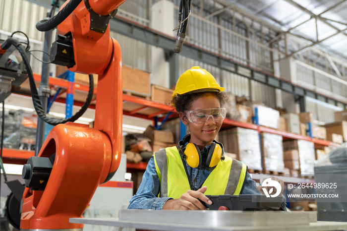 Young African American female engineer operating welding robot arm machine in warehouse factory.Professional technician automation robotic industrial