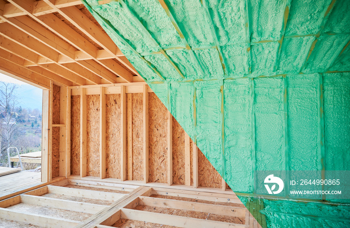 Photo collage before and after thermal insulation room in wooden frame house in Scandinavian style barnhouse. Comparison of walls sprayed by polyurethane foam. Construction and insulation concept.