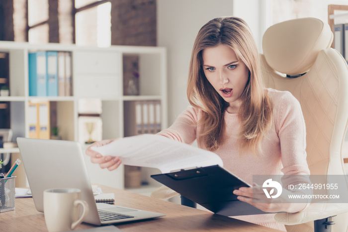 Paperwork inspection review tax bill budget money payment people person concept. Portrait of scared angry disappointed exhausted amazed sad unhappy upset lady holding clipboard reading report