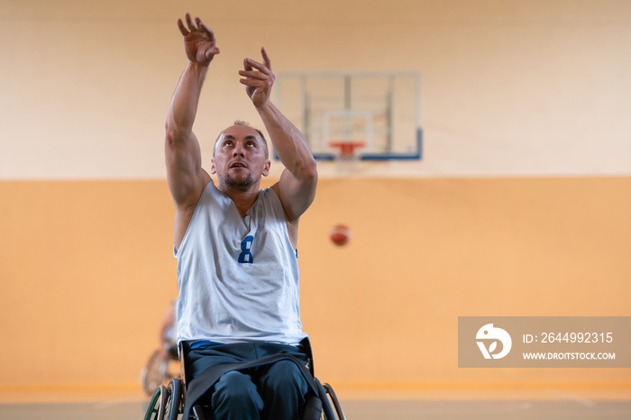 a photo of a war veteran playing basketball with a team in a modern sports arena. The concept of sport for people with disabilities