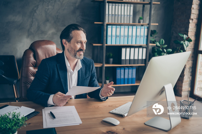 Portrait of his he nice handsome cheery man ceo boss chief expert specialist attending web meeting global organization development plan at modern concrete industrial workplace workstation