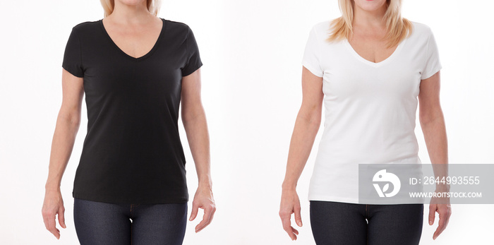 T-shirt design and people concept - close up of woman in blank black and white t-shirt, shirt front isolated. Mock up.