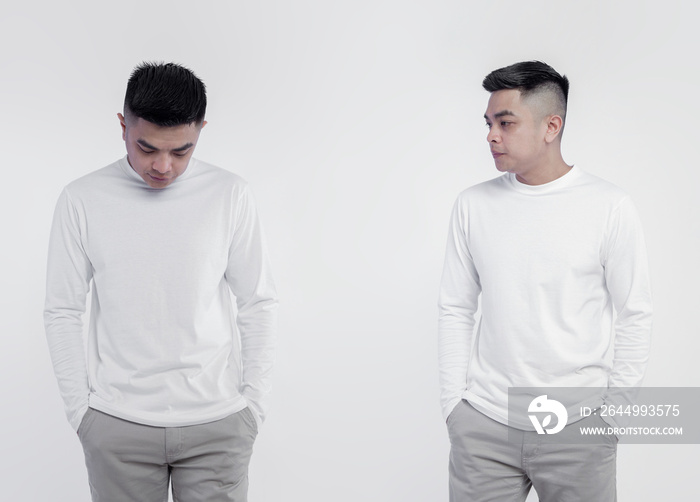 Asian man wearing white long sleeve t-shirt isolated on plain background