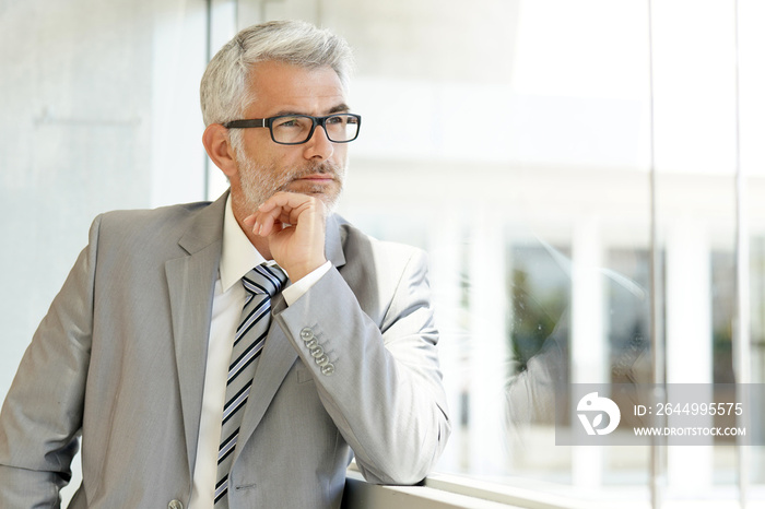 Mature businessman looking out window in modern office