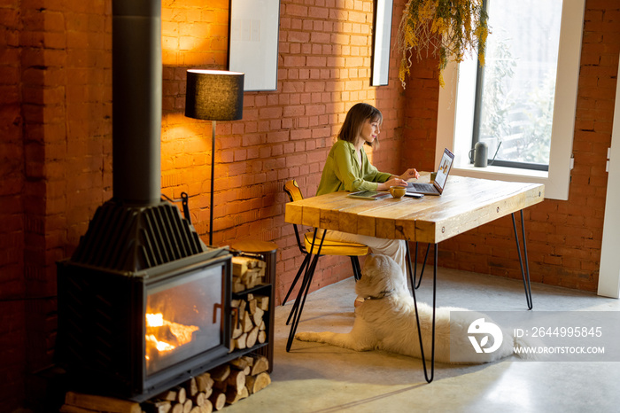 Woman works on laptop while sitting by the table with her dog in cozy living room with a burning fireplace in front. Interior in loft style