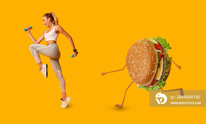 Woman Running Away From Burger Exercising Losing Weight, Yellow Background