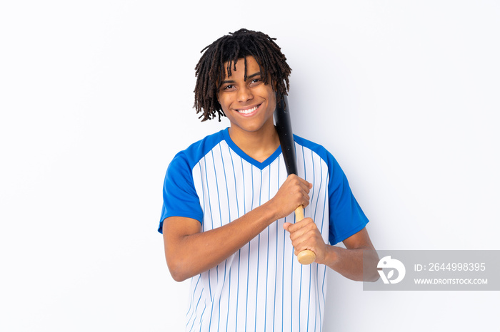 Young African American man playing baseball over isolated white background playing baseball