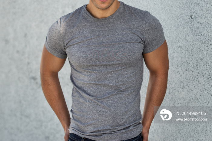 Male casual empty grey clear t-shirt on men`s body.