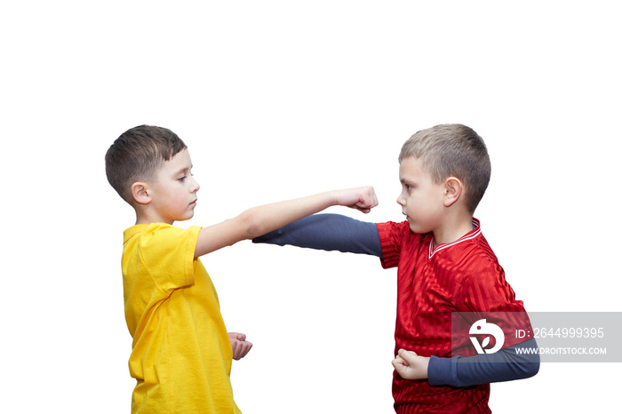 Athletes in red and yellow T-shirts perform punches to meet each other on a white background