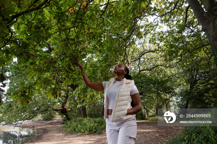 Portrait of woman touching leaves on tree