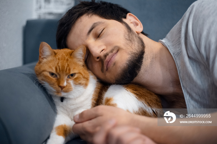 Sleeping young man and red white cat.