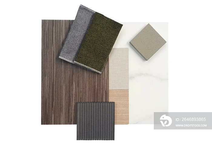 interior material board including beige artificial stone ,linen fabric ,corrugated glass ,oak wooden and grey fabric laminated ,walnut  veneer, white marble tile samples isolated on white background.