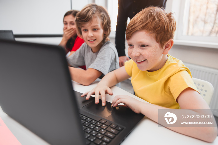 Company of children using laptops during programming lesson