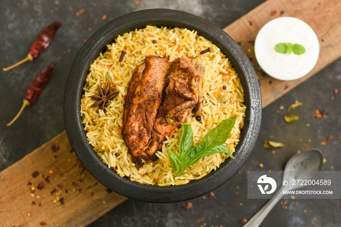 Arabic chicken Manthi or mandi cooked meat, Basmati rice with Masala, spice. Kuzhimanthi or hot and 