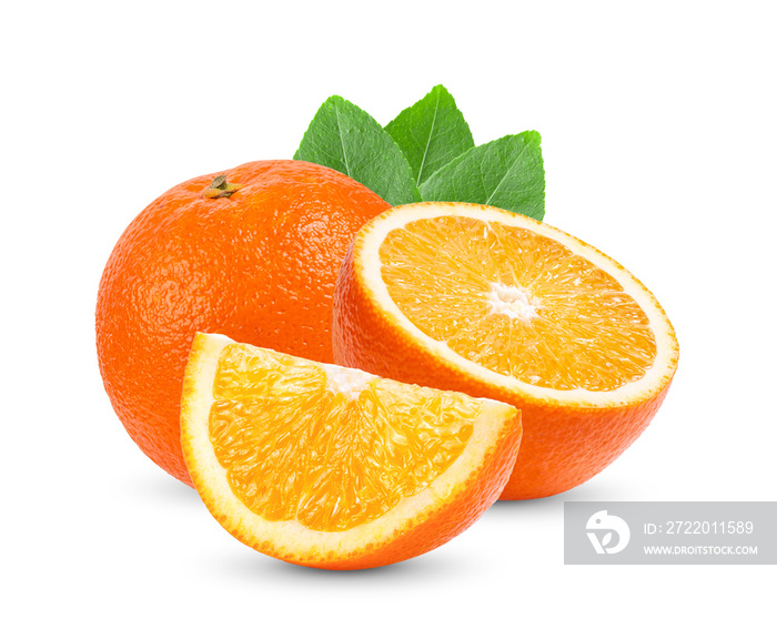 橙色柑橘类水果，白底离体叶片