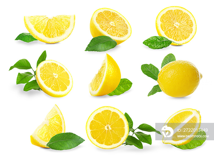 Set of  fresh lemons with leaves, isolated on white