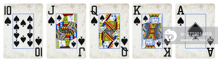 黑桃套装复古扑克牌，套装包括王牌、国王、王后、杰克和十张——白色孤立。