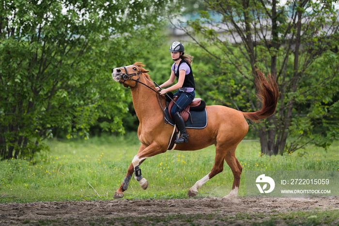 Young pretty girl riding a horse with backlit leaves behind in spring time