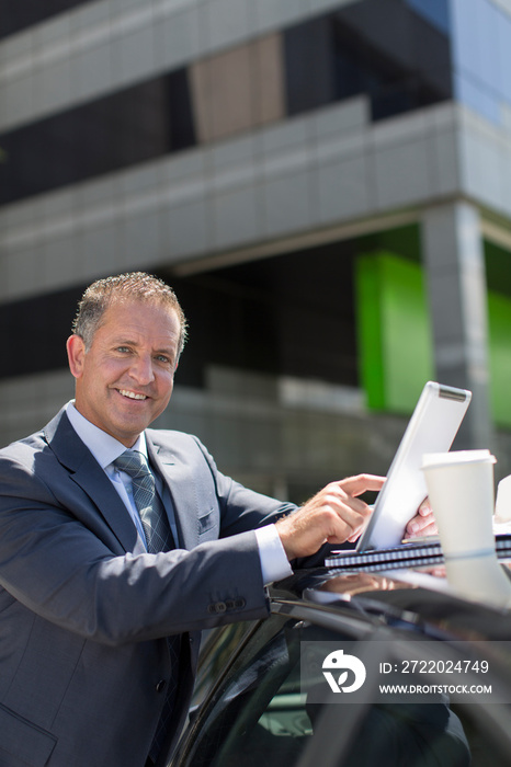 Portrait businessman with digital tablet at car in parking lot