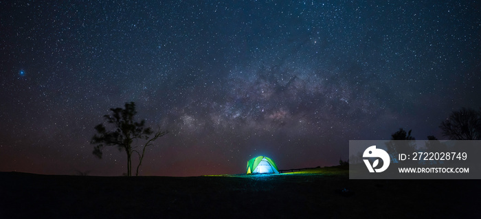 Camping tent under milky way in the windy day