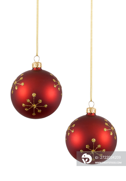 两个红色圣诞球或小饰品，白色背景上有金色雪花图案