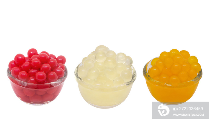 Red, white, orange bubbles or jelly pop in a glass cup,clipping path