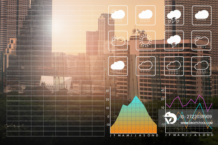 Dust from pollution environment problem in big city cause bad for health. with climate symbol chart 