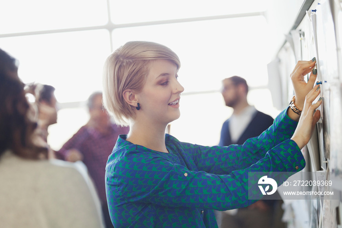 Businesswoman pinning notes on bulletin board