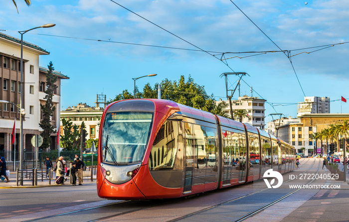 City tram on a street of Casablanca, Morocco