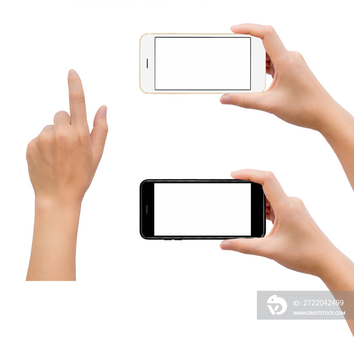 两只手拿着黑白空白屏幕智能手机，手在触摸屏上的特写图像