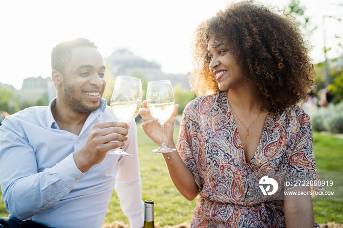 Smiling couple toasting wineglasses while sitting against clear sky in park