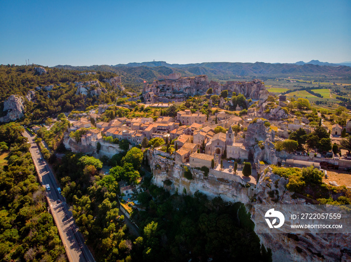 Les Baux de Provence village on the rock formation and its castle. France, Europe. Drone view