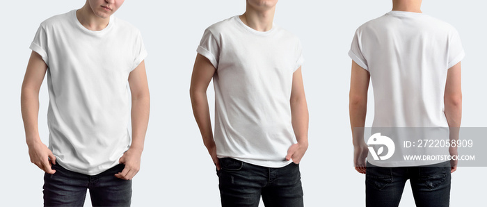 A set of three photos with a young pretty guy in a clean white t-shirt and black jeans on a white bl