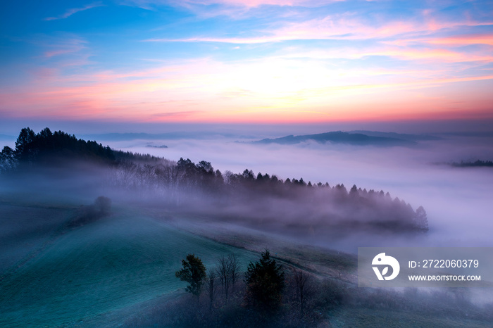 Polish Countryside at Early Autumn Foggy Morning